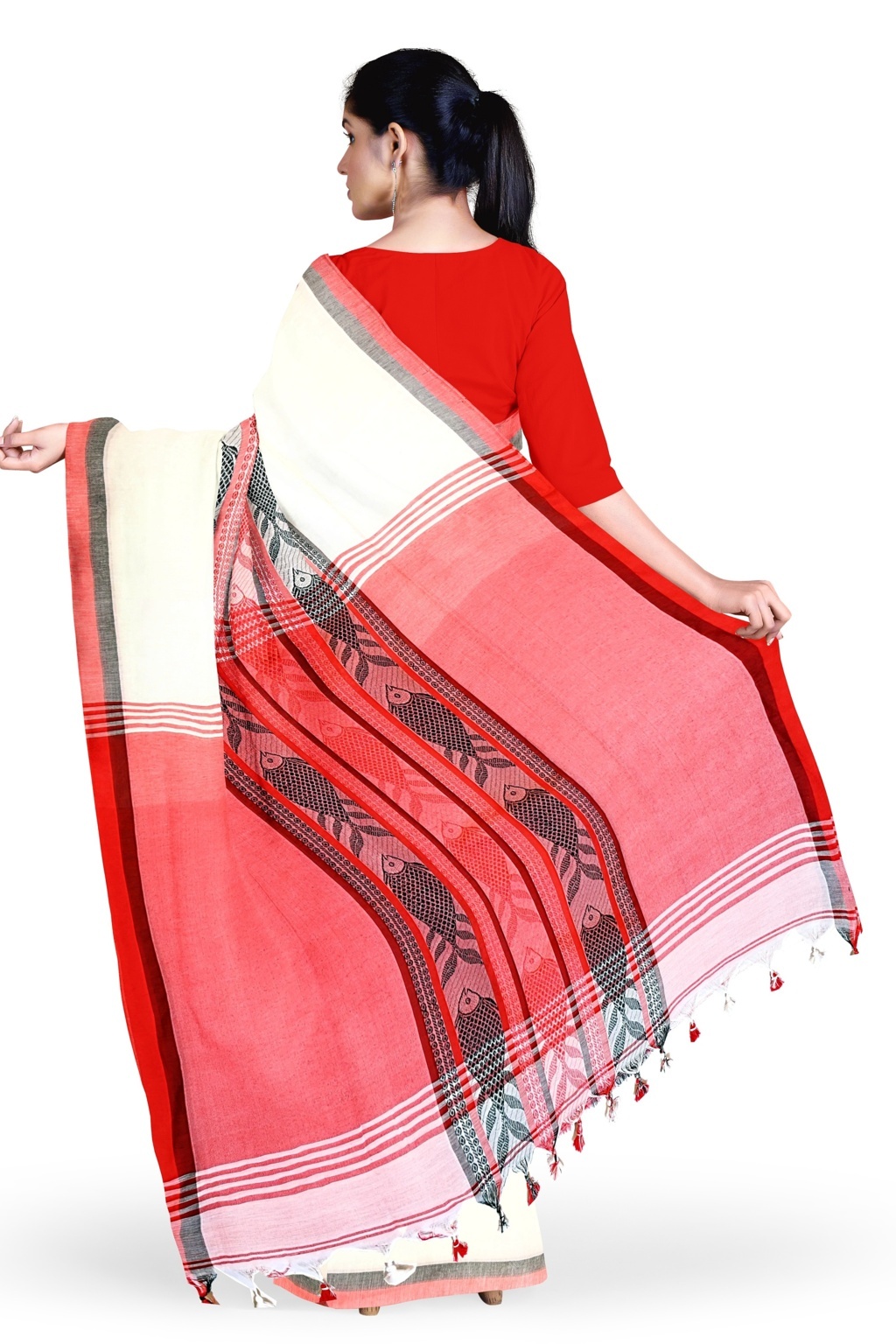 White Red Pure Cotton Marine Hand Loom Saree (1277)